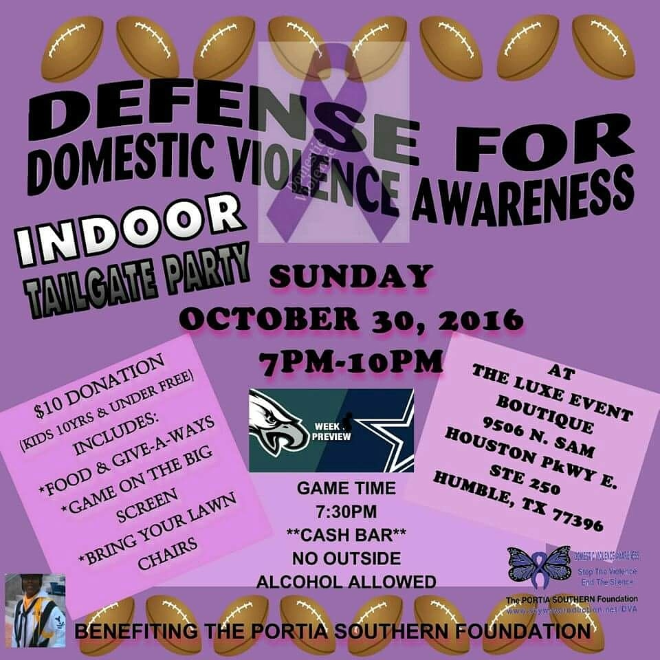 Purple poster promoting domestic violence awareness event with footballs, text, and a logo, scheduled for October 30, 2016, in Houston, Texas.