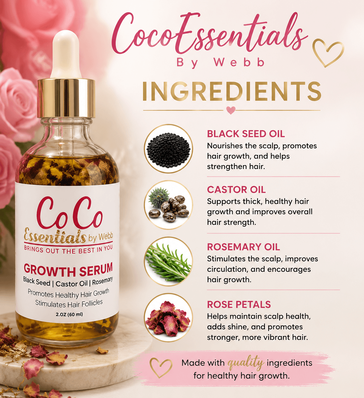 Label of Coco Essentials growth serum with ingredients listed: black seed oil, castor oil, rosemary oil, rose petals, and a note about quality ingredients.