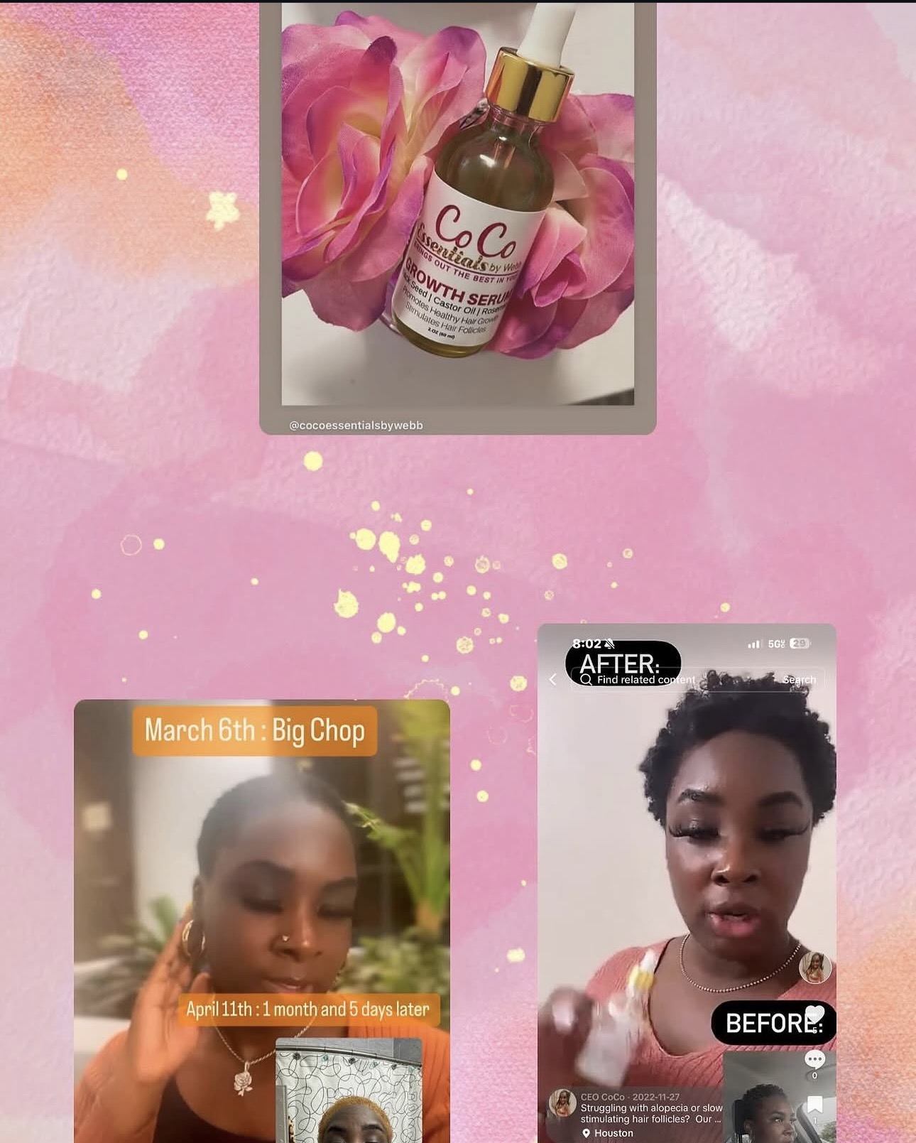 Three images: a skincare product with pink flowers, a woman with short curly hair, and a woman with a bun, with text overlays.