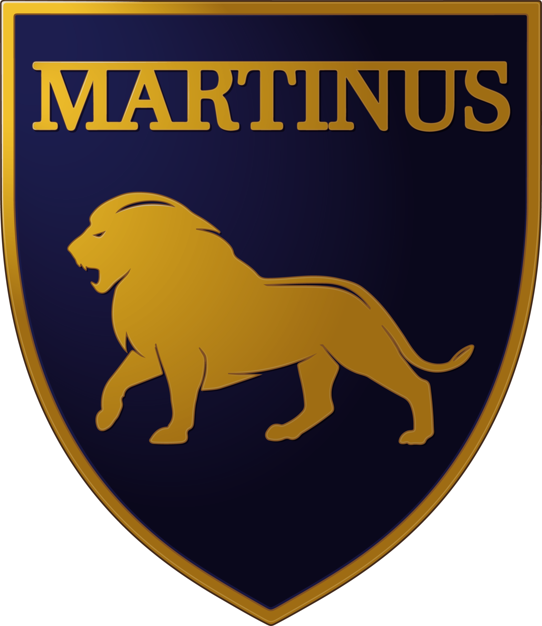 Shield with a gold lion and the word MARTINUS above, on a dark blue background.