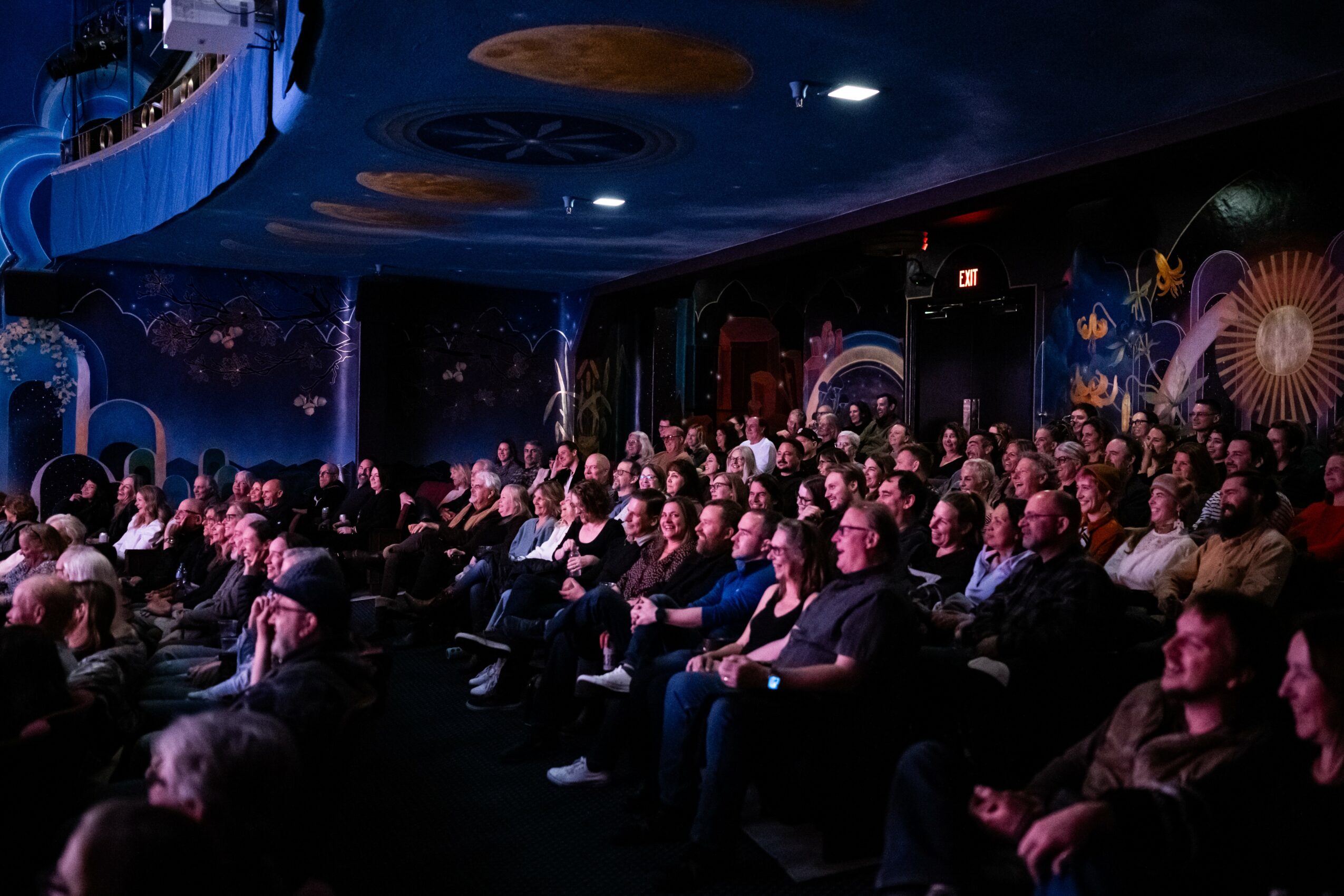 Audience seated in a dark theater watching a performance or presentation, with colorful murals on the walls and ceiling.