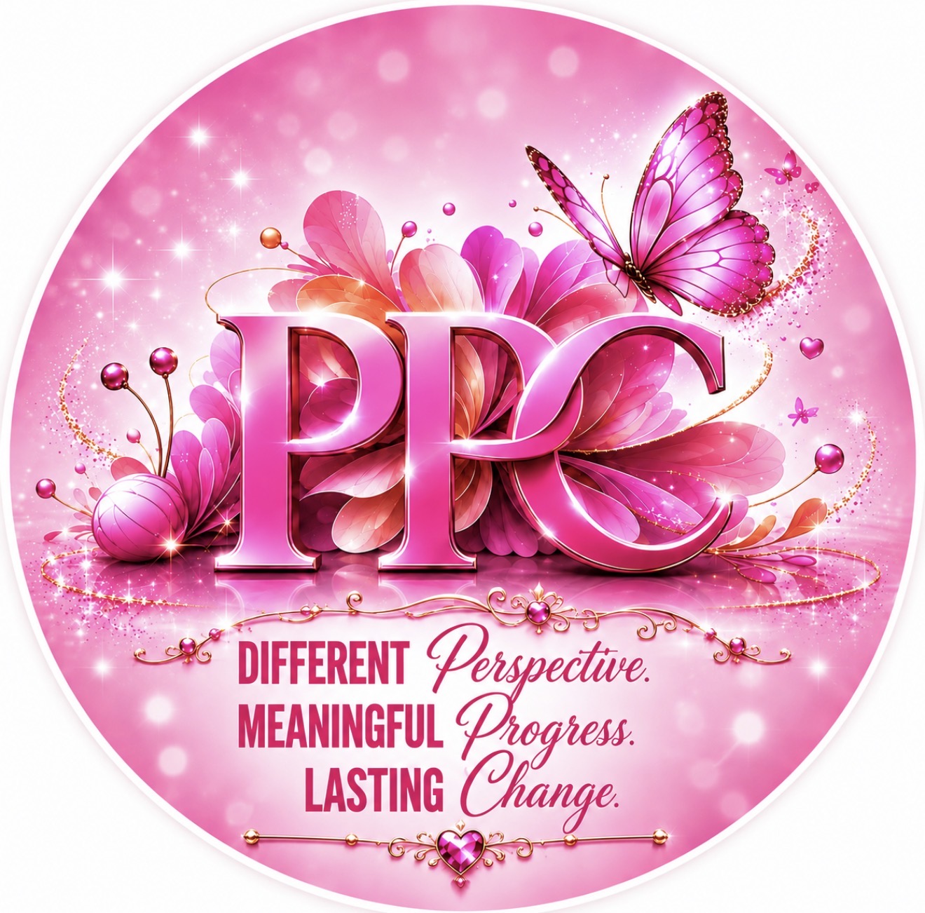 Pink circular design with butterflies, flowers, and the letters PPC, with words: different, meaningful, lasting, perspective, progress, change.