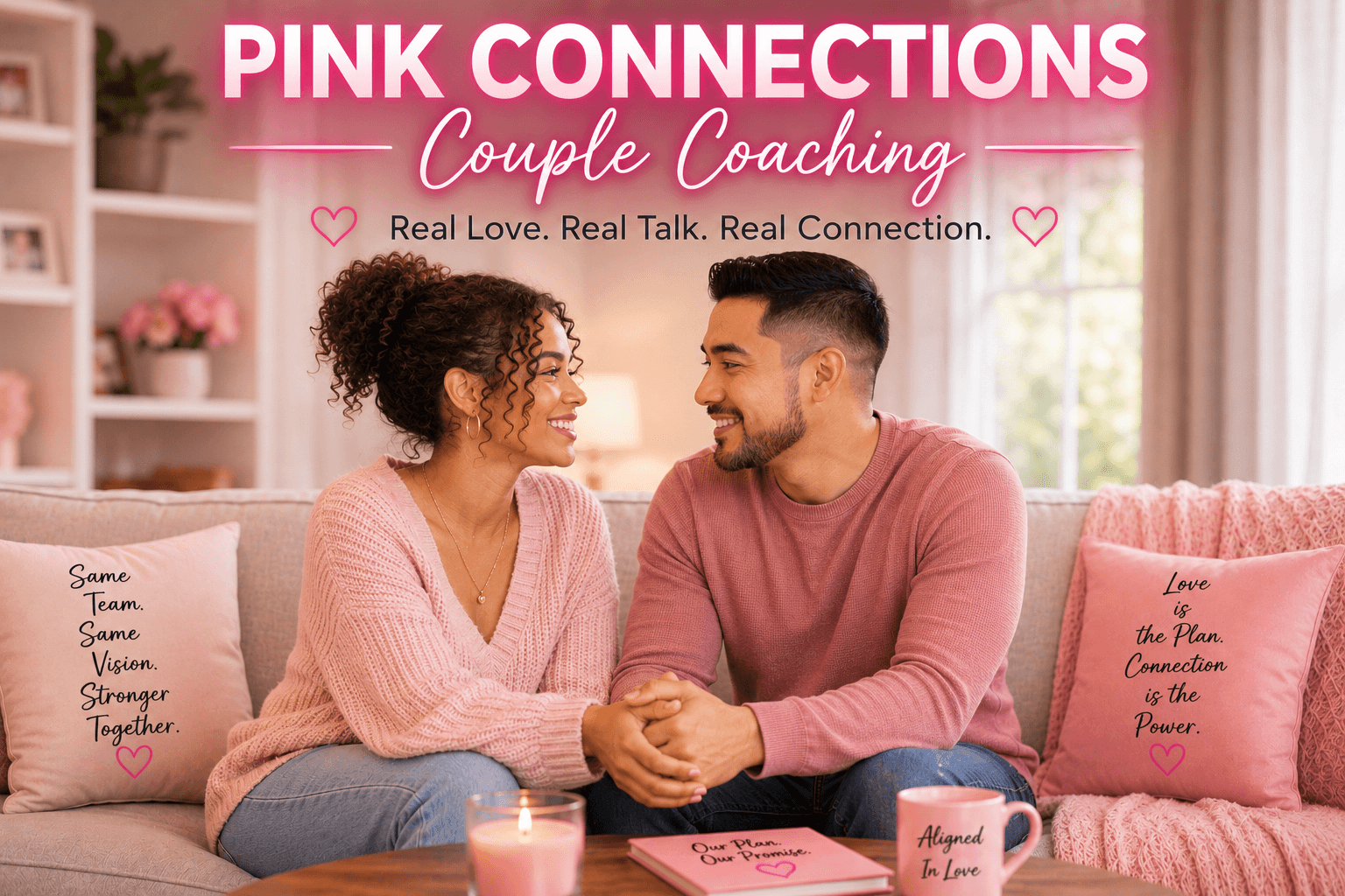 A couple sitting on a pink couch holding hands, smiling at each other in a cozy room with pink decor.