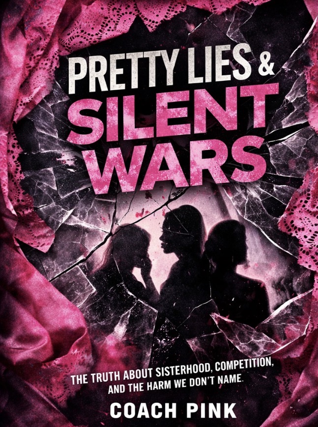 Silhouettes of three people behind a shattered glass background with pink and black colors, and bold text about lies and wars.
