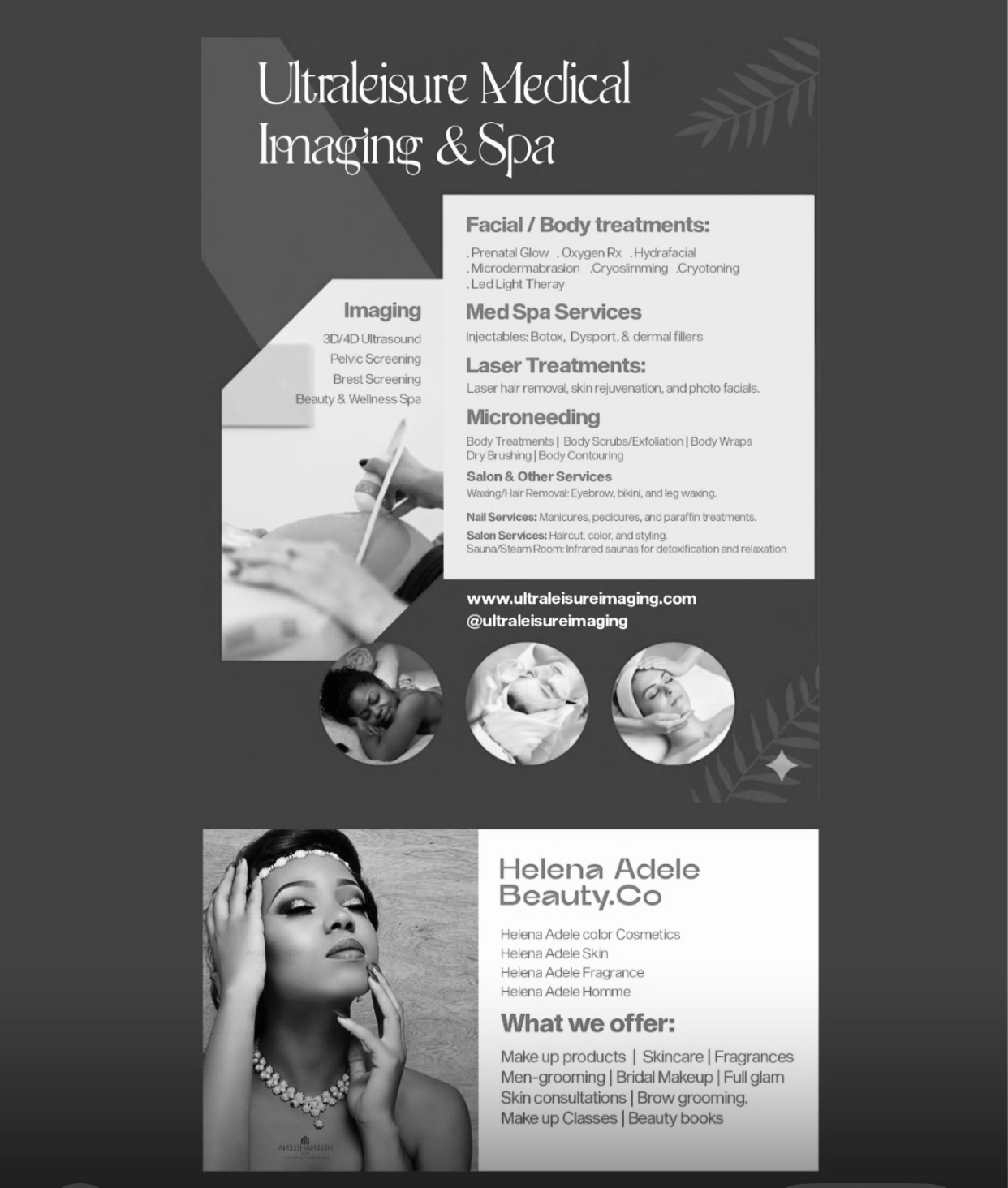 Medical spa advertisement with treatments, contact info, and a woman with jewelry touching her face.