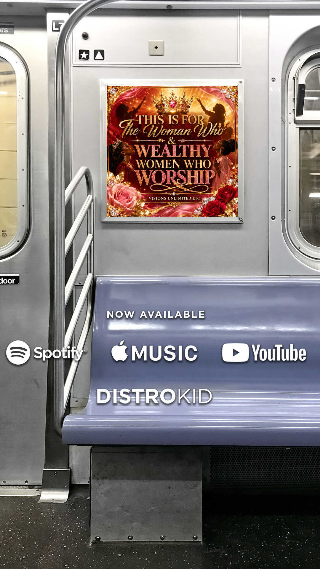 Poster on subway wall with text about women worship and wealth, decorated with flowers, next to a train door.