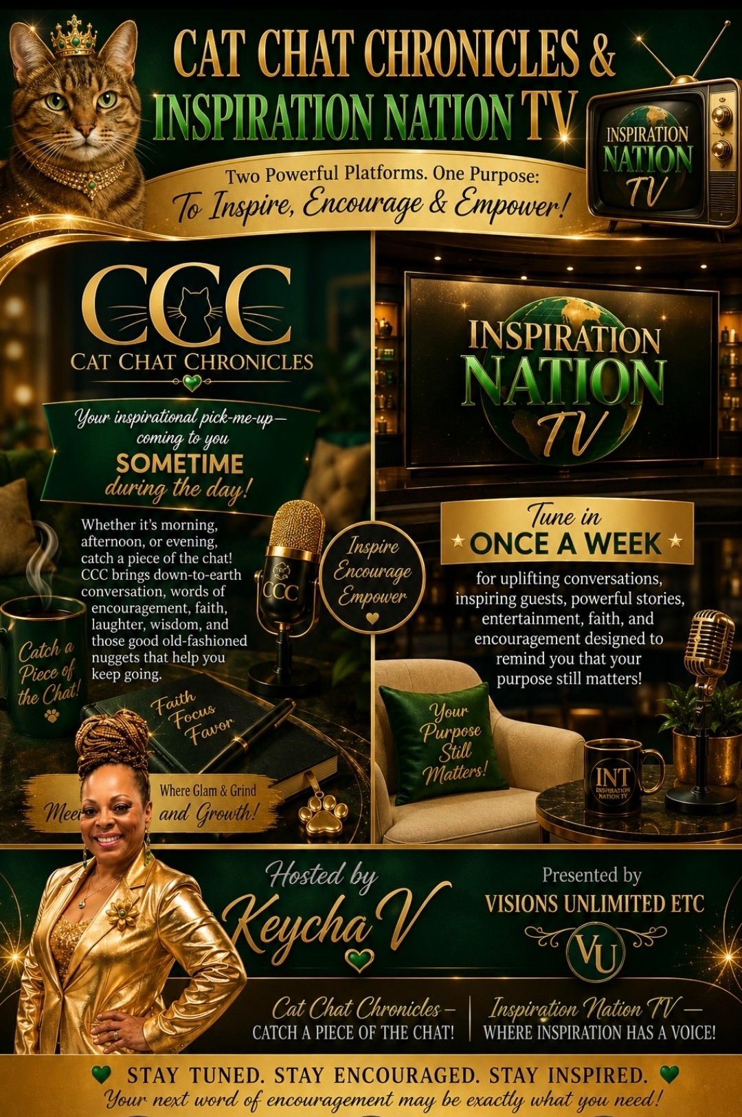 Promotional poster for Cat Chat Chronicles and Inspiration Nation TV, featuring a cat, a woman in gold, and various text elements.
