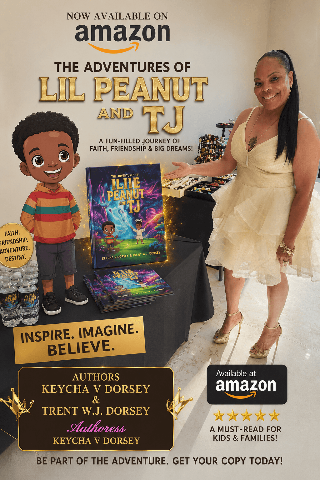 A woman and a child stand next to a table with a colorful book display, smiling at the camera.