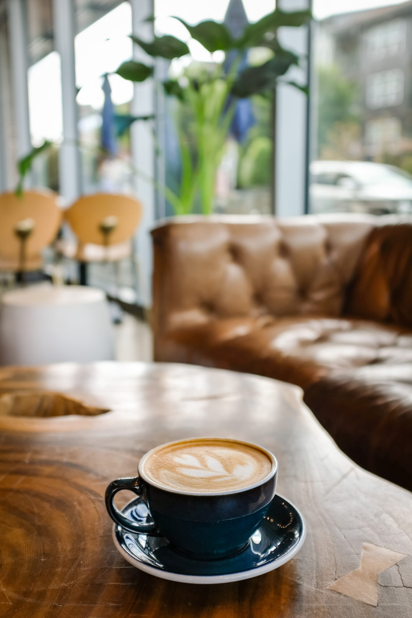 Black cup of coffee with latte art on a wooden table inside a cafe, with a sofa and plants in the background.