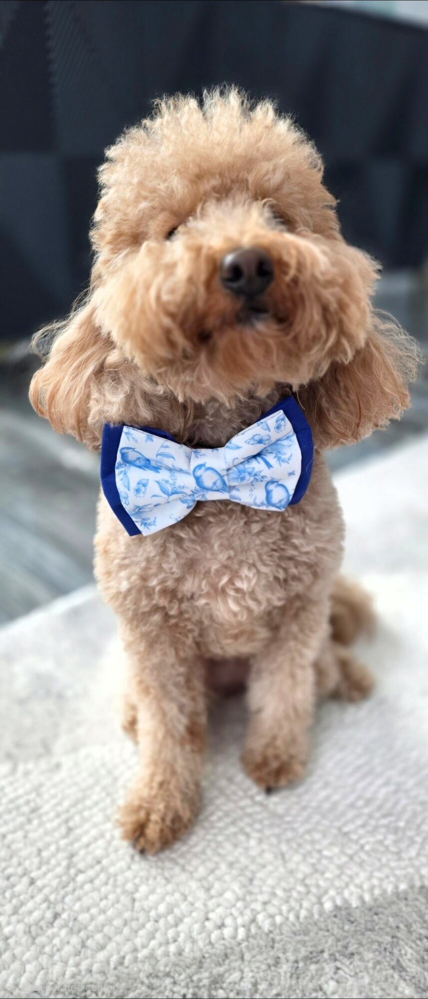 Small curly-haired dog wearing a blue bow tie, sitting on a light-colored surface.