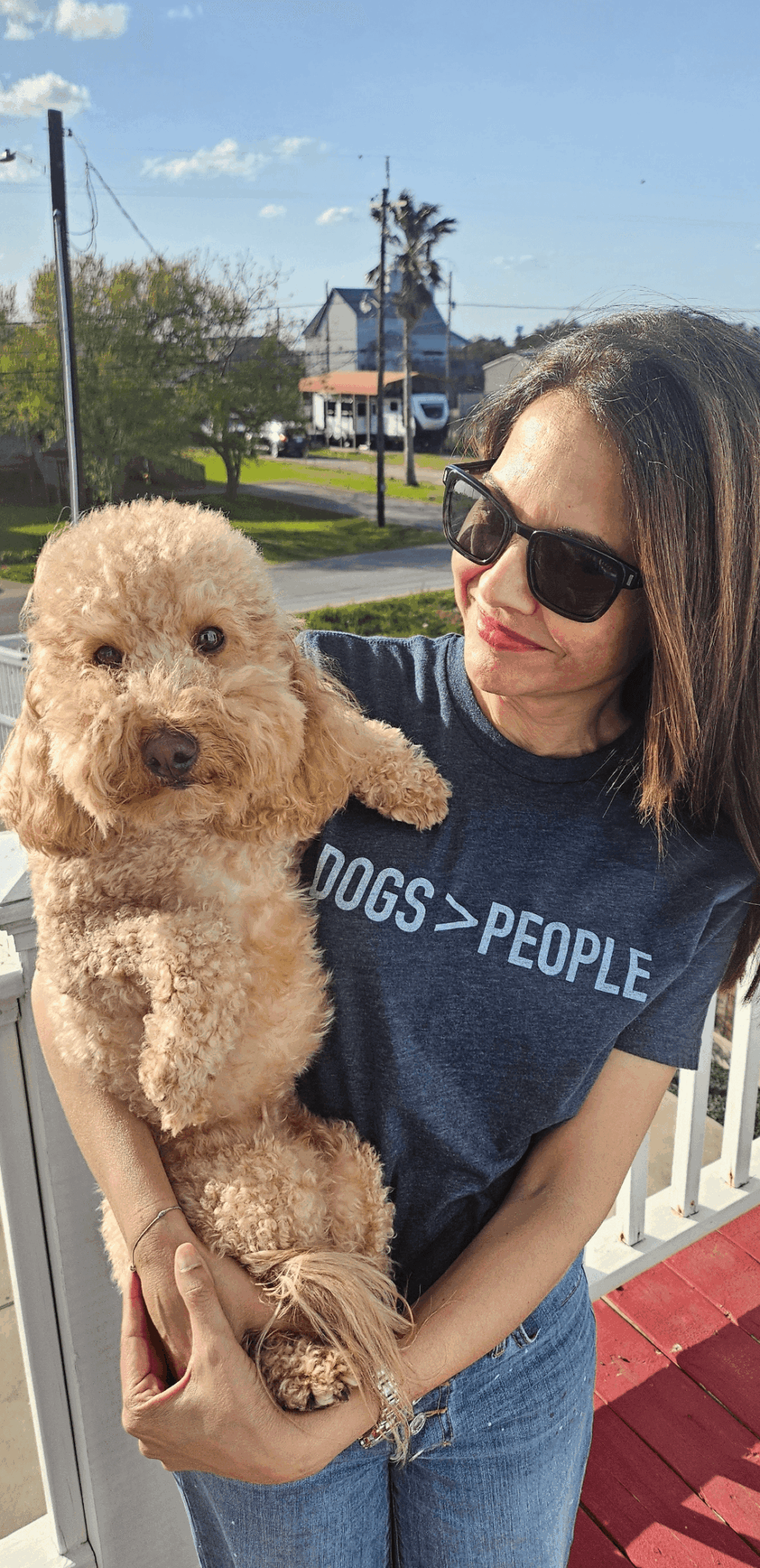 Woman holding a small, curly-haired dog outdoors on a sunny day, wearing sunglasses and a blue T-shirt.
