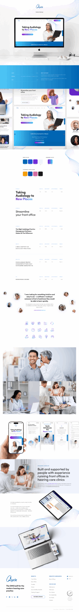 Screenshot of a website homepage with a blue and white color scheme, featuring images of people and devices, and text sections.