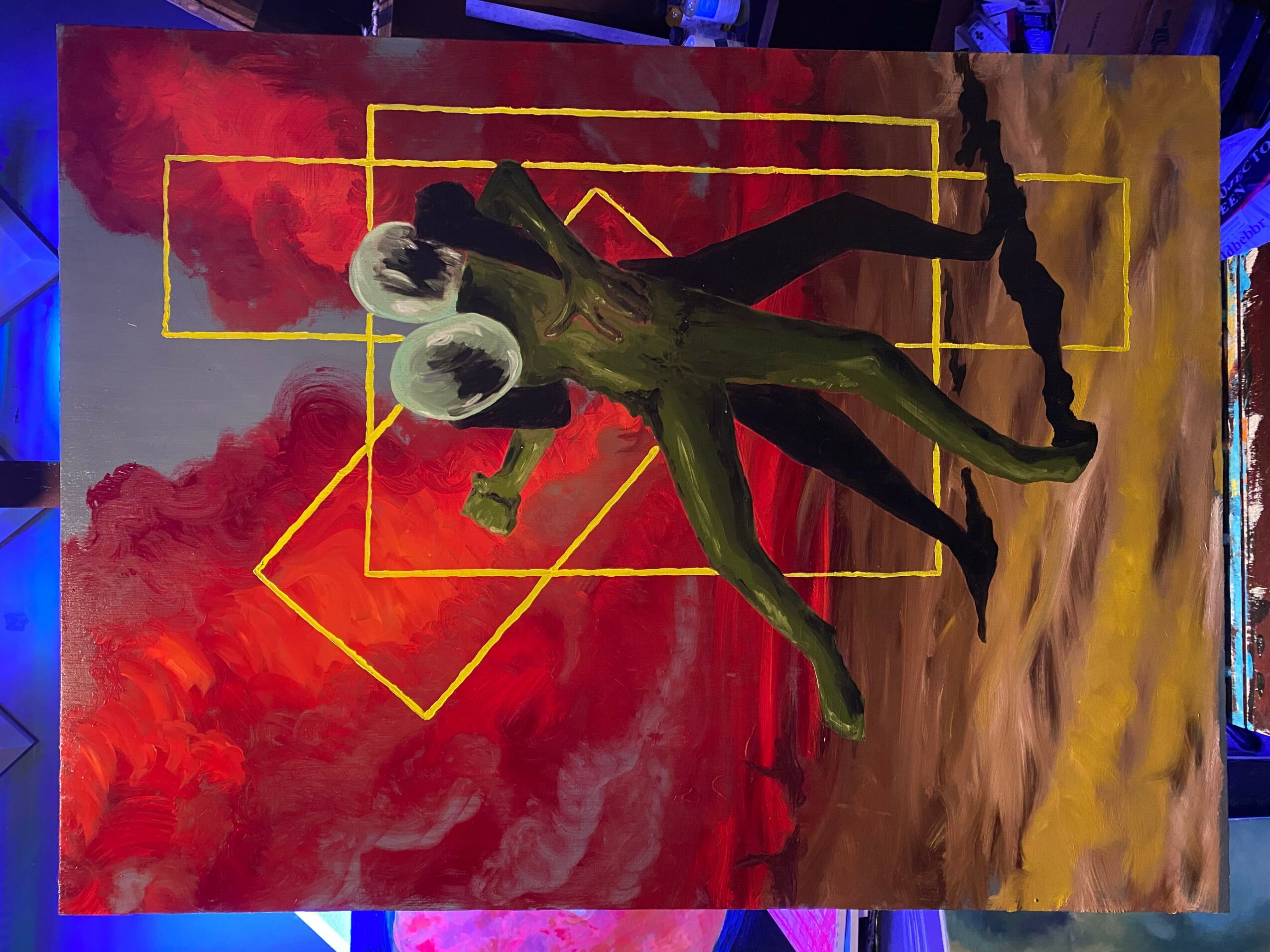 A surreal painting features a green humanoid figure with three heads, standing on a textured ground with a red and purple sky background. Geometric yellow lines surround the figure.