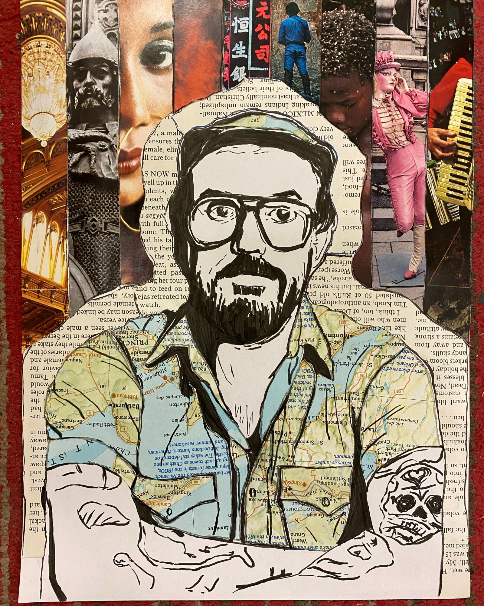 Illustration of a man with glasses and a beard, with a collage background of various images and text.
