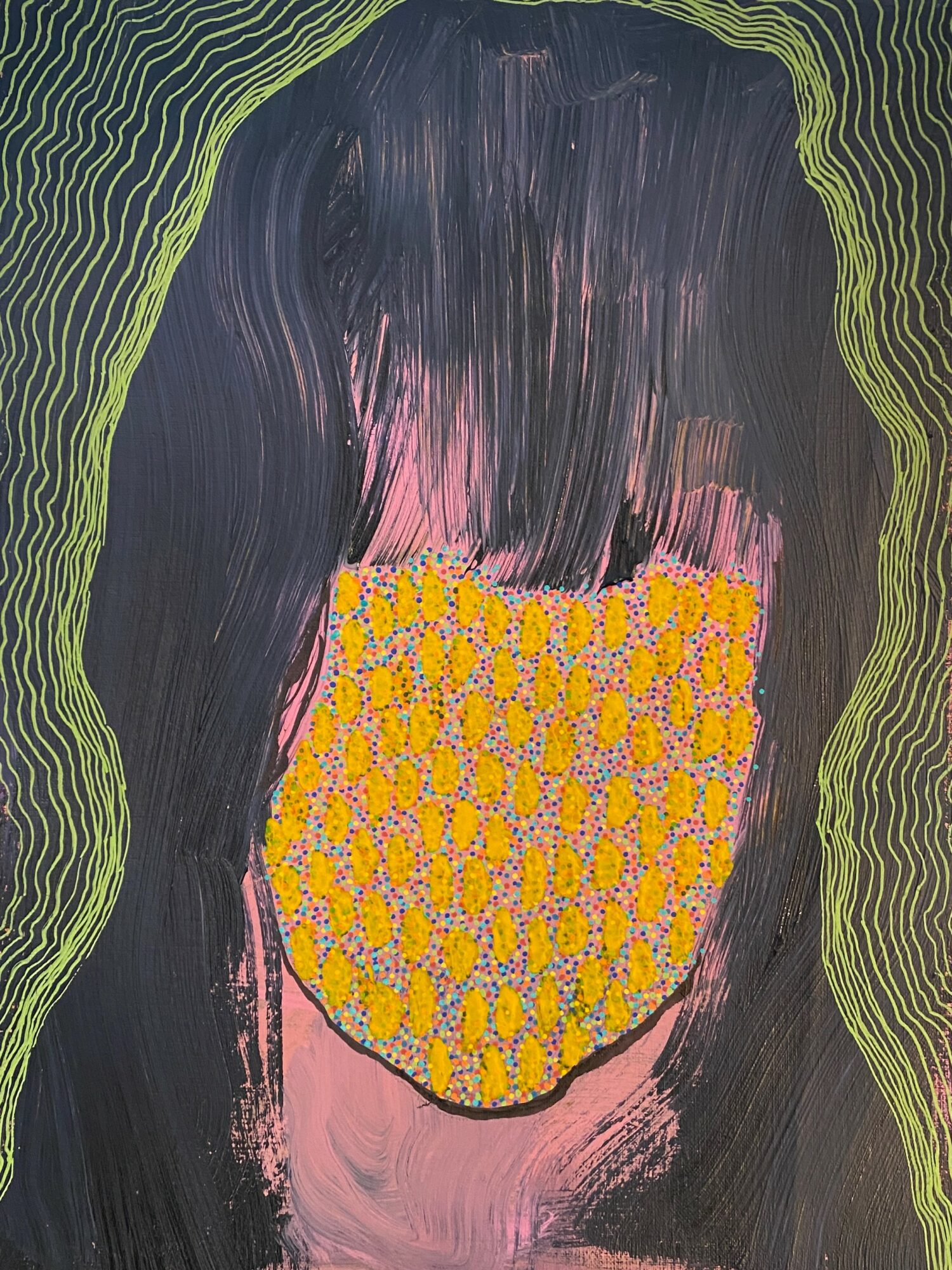 Abstract portrait with dark hair, yellow patterned face, and green outline, on a black background.
