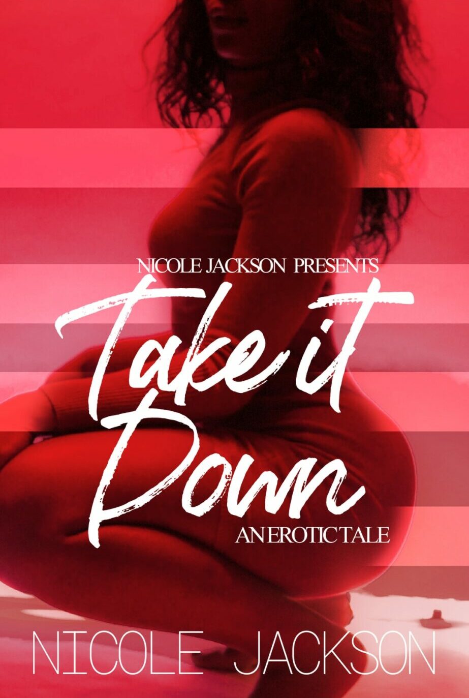 Book cover with a woman sitting on the floor, pink background, title 'Take it Down' in white script, author Nicole Jackson.