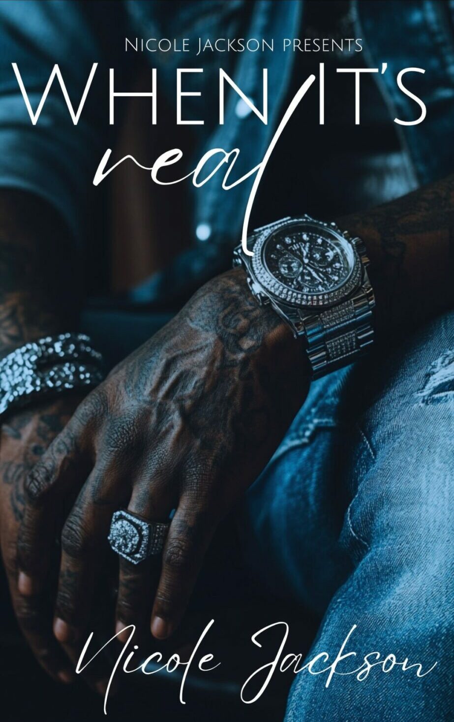 Close-up of a person's hand wearing a watch and ring, with a dark background and text overlay.
