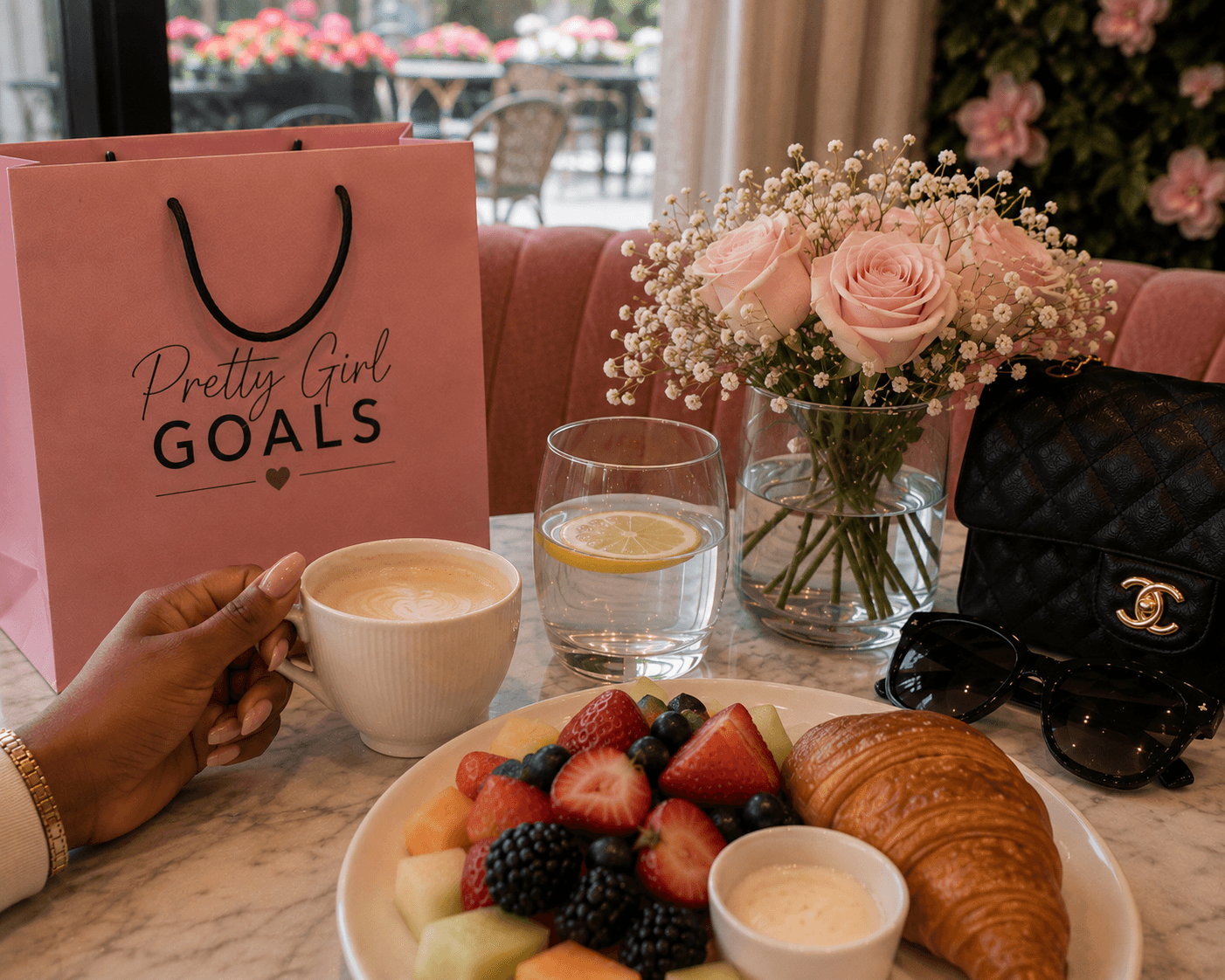 Table with a flower bouquet, croissant, berries, coffee, and a glass of water, with a pink shopping bag in the background.