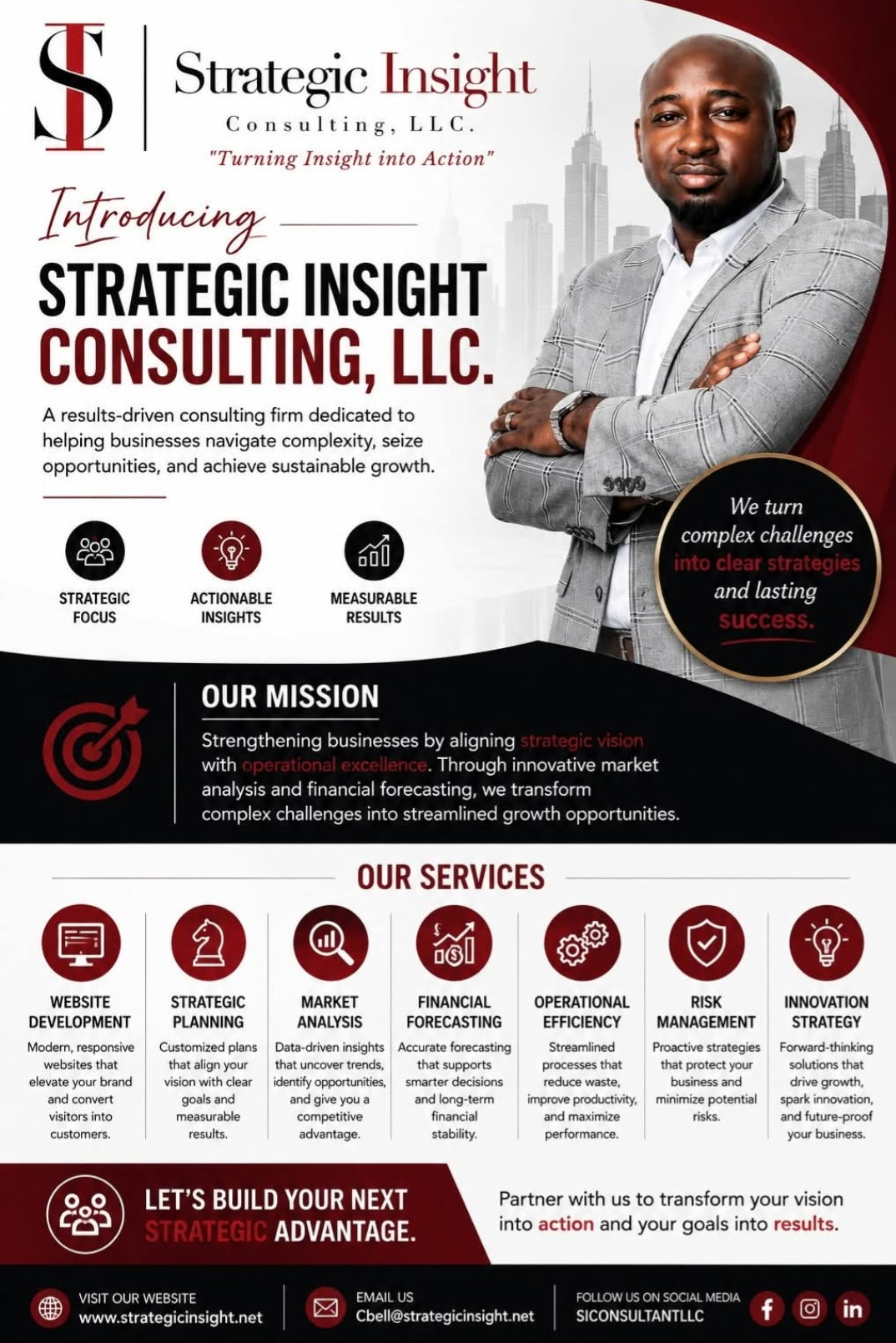 Business professional in gray suit standing with arms crossed, company logo and text about consulting services, mission, and strategies.