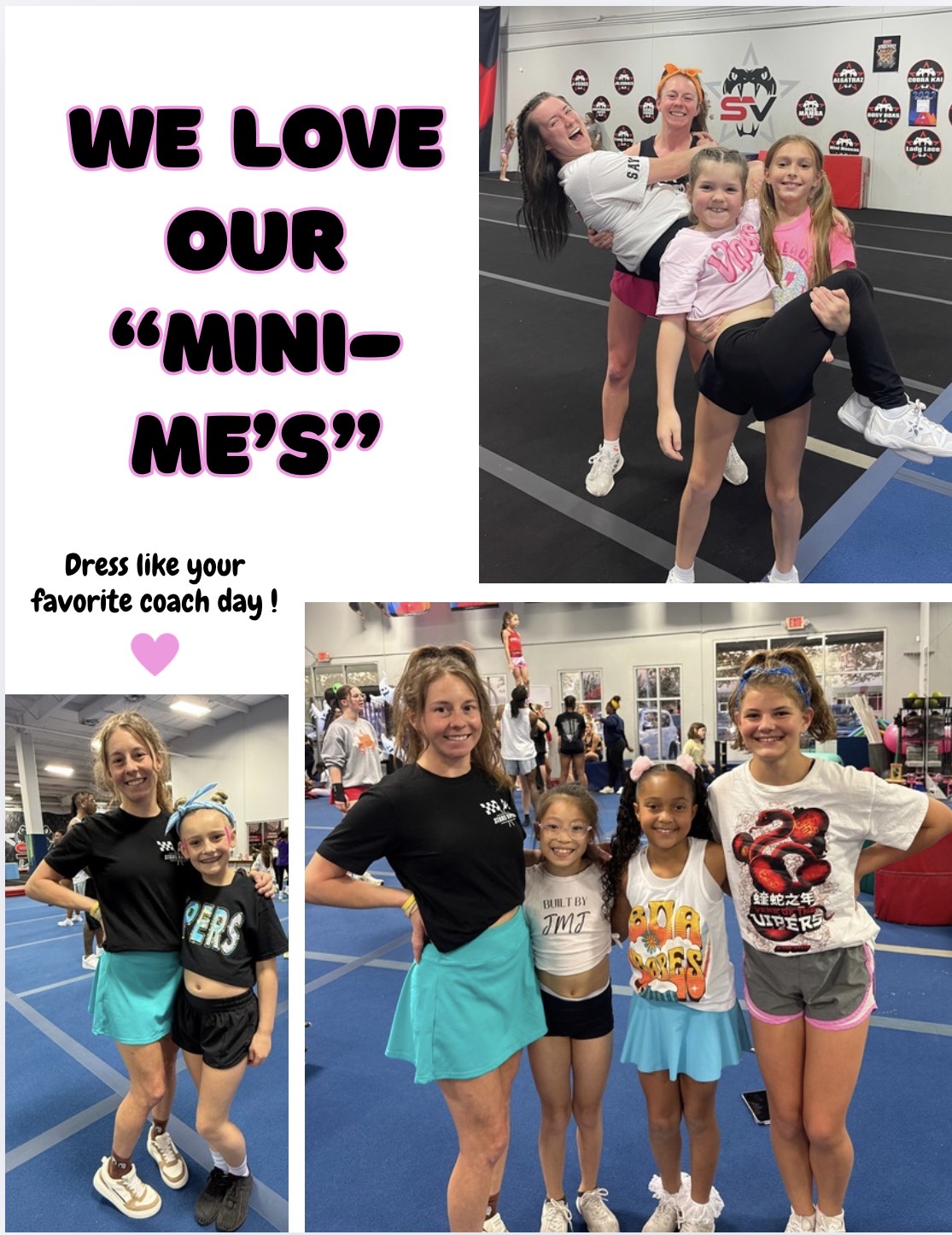 Group of children and adults posing in a gym, with a sign reading 'We love our mini-me's' and a message about dressing like a coach.