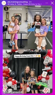 Two girls holding coaches and a woman with a girl, celebrating birthday with decorations and gifts, smiling indoors.