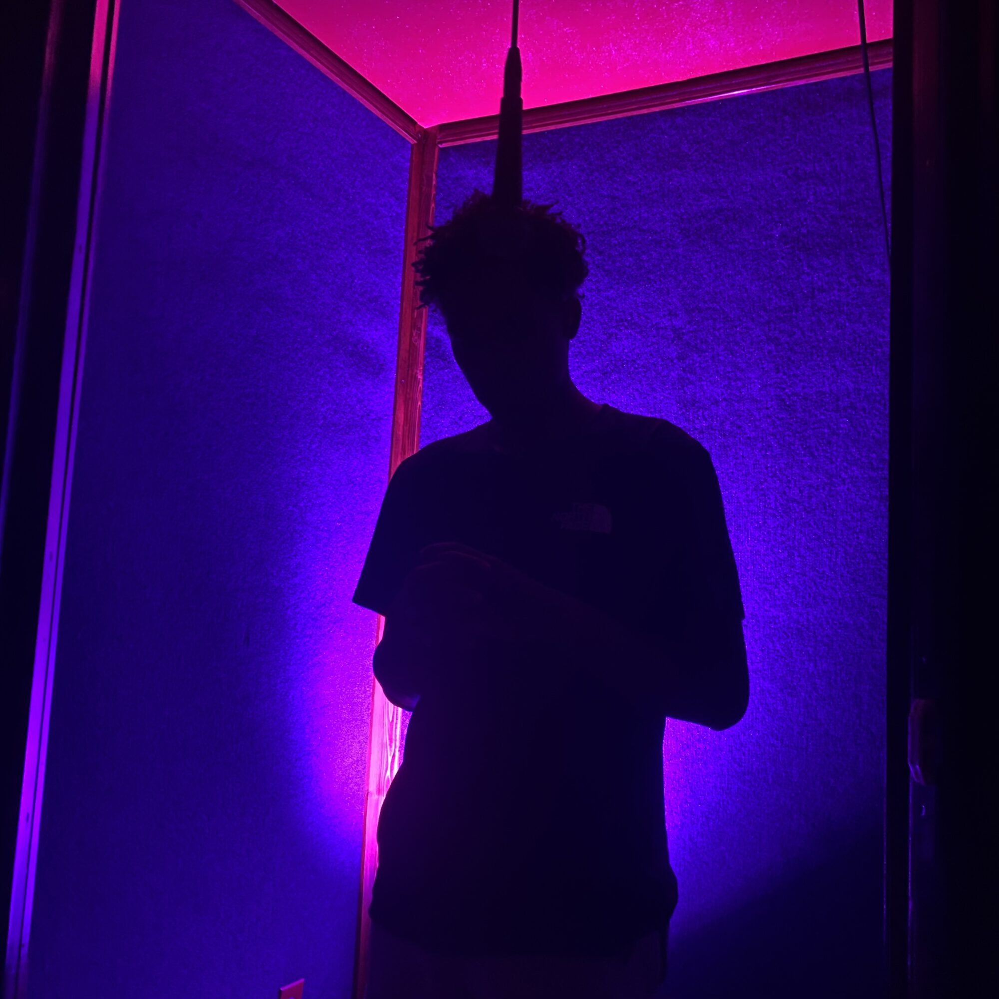 Silhouette of a person standing in a room with purple and pink lighting, hanging from the ceiling.