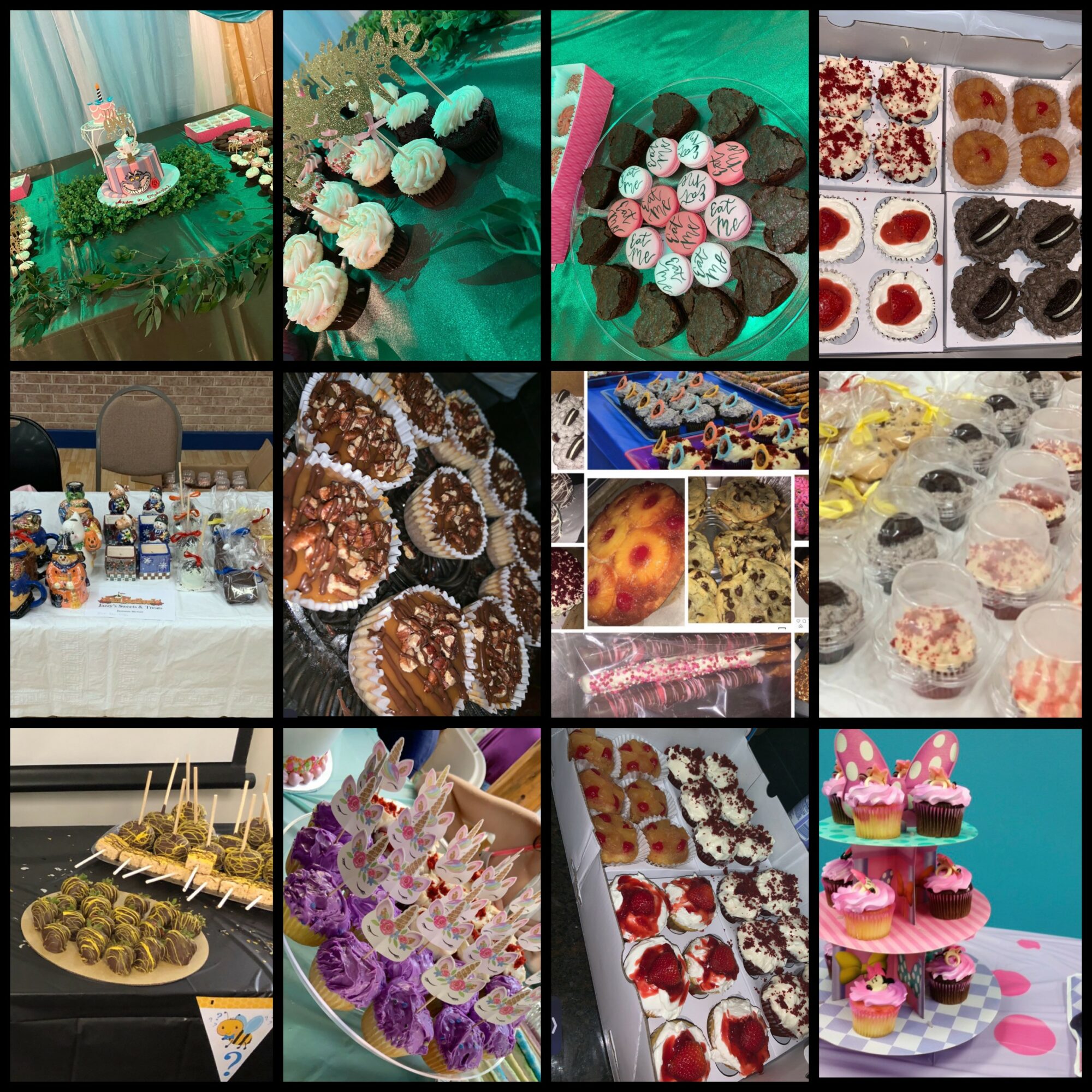 Table with cake, cupcakes, and desserts, decorated for celebration, with various sweet treats displayed on tables and trays.