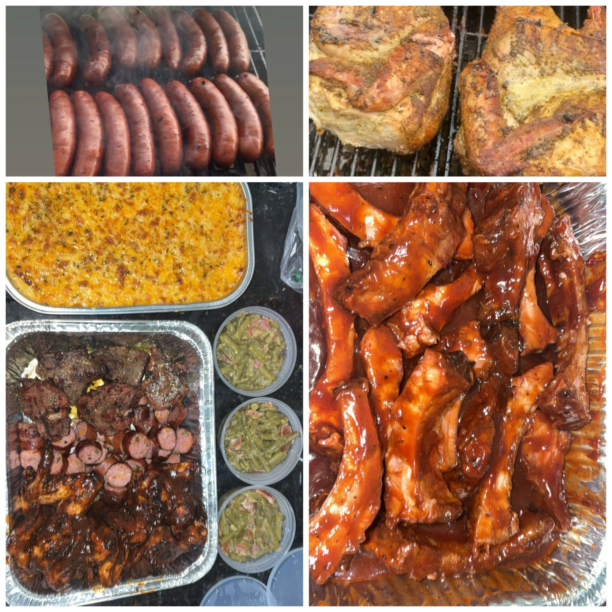 Assorted grilled meats including sausages, ribs, and sliced meats, with side dishes and condiments, on a table.