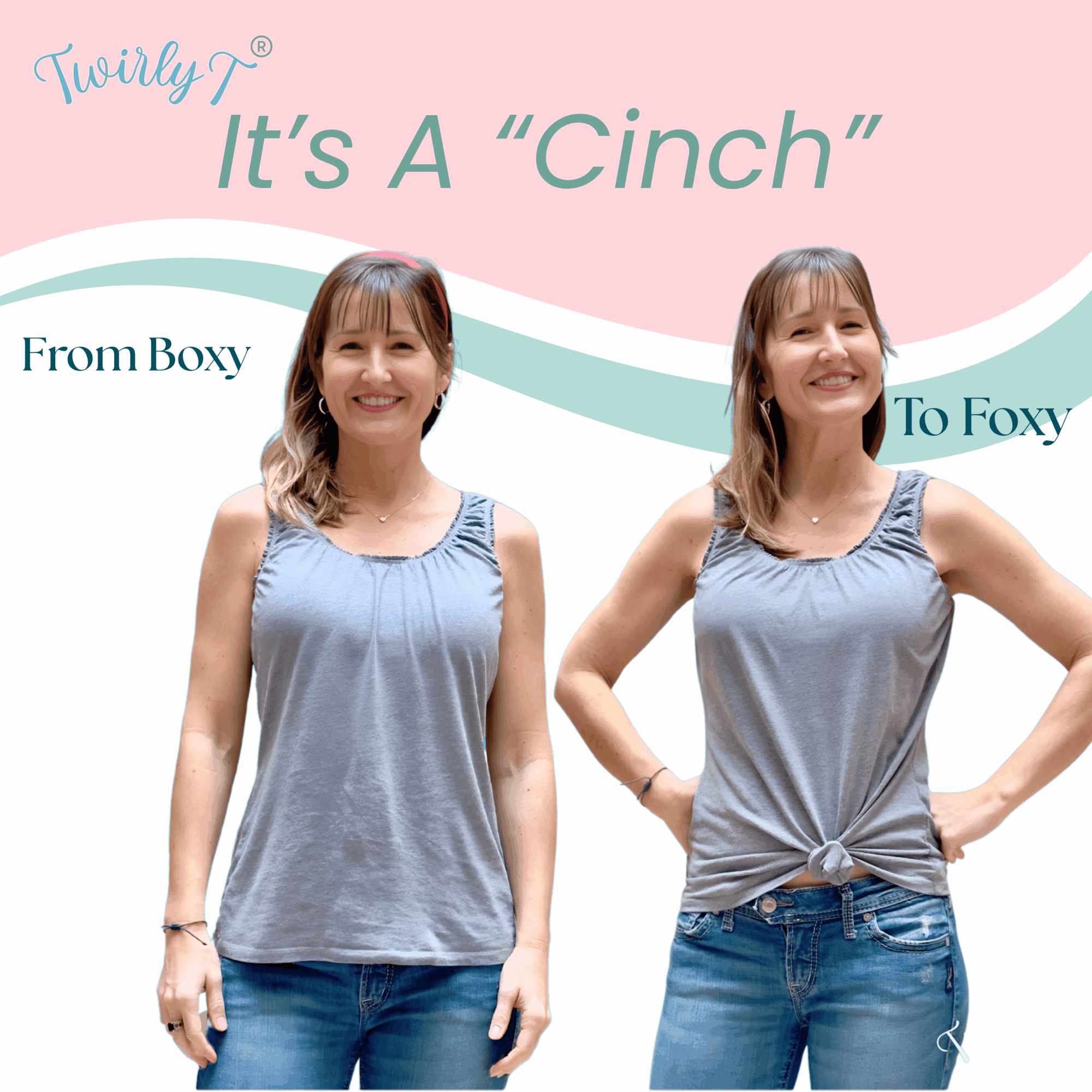 Two women wear gray tops, smiling, with pink and green background text about a product called 'Cinch'.