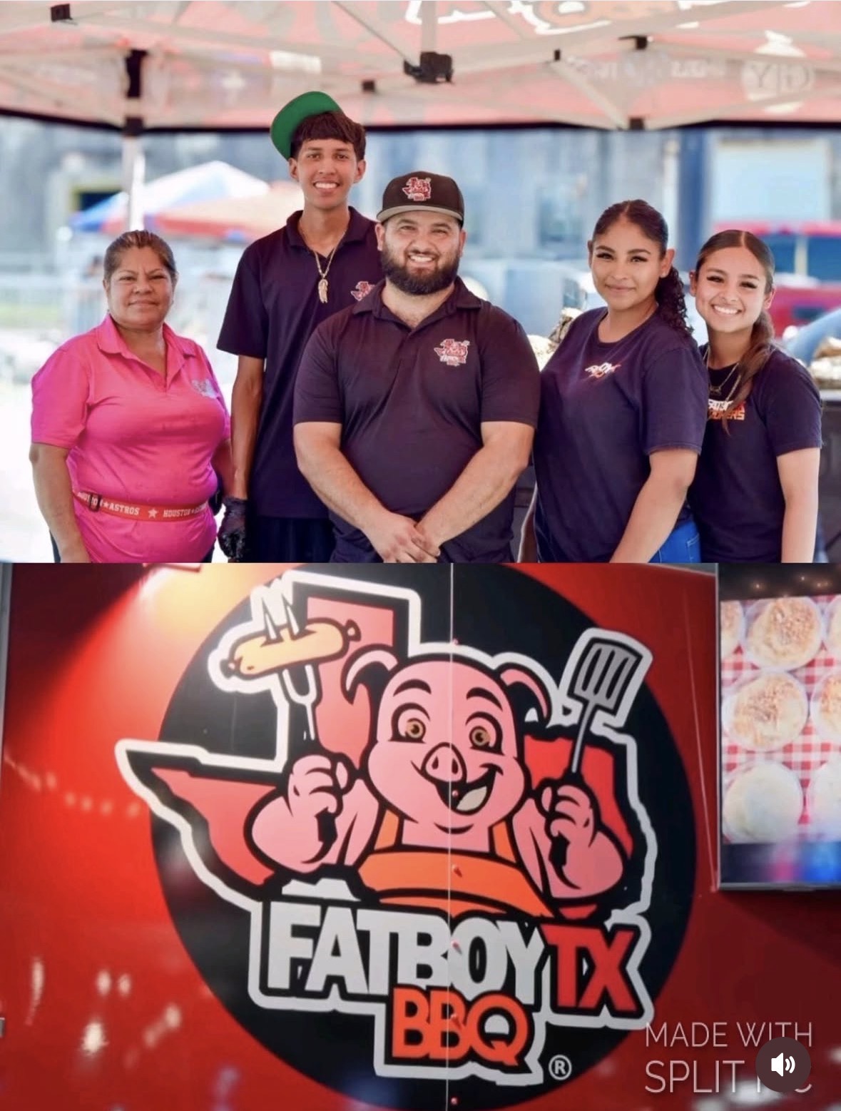 Group of five people standing under a tent, smiling, with a cartoon pig logo and BBQ sign in front.
