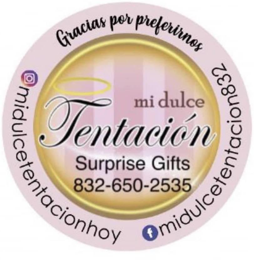 Circular label with pink border, gold ring, and text for a surprise gift business, including contact info and social media handles.