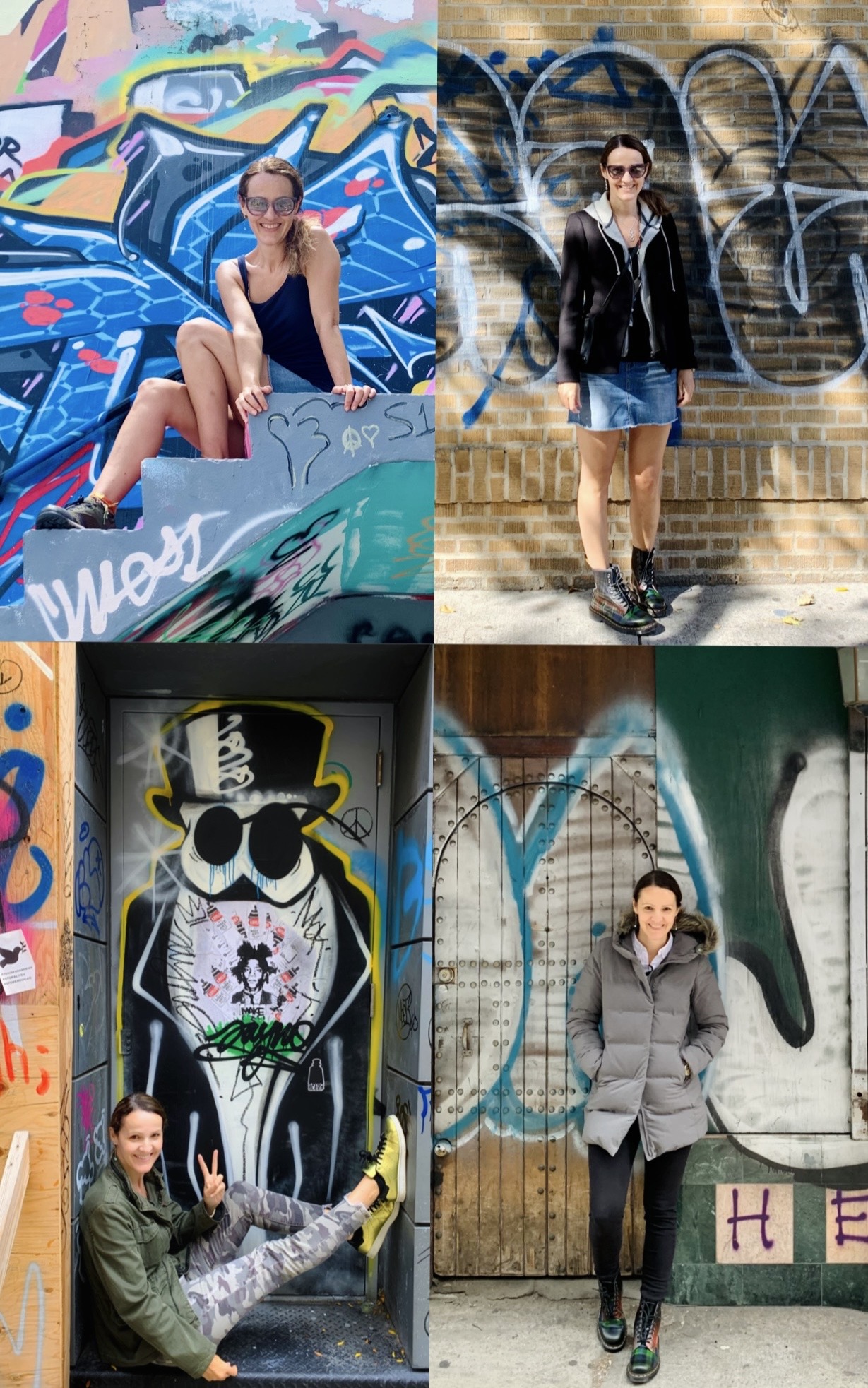 Four women in urban settings with graffiti backgrounds, posing near colorful murals and graffiti-covered walls.