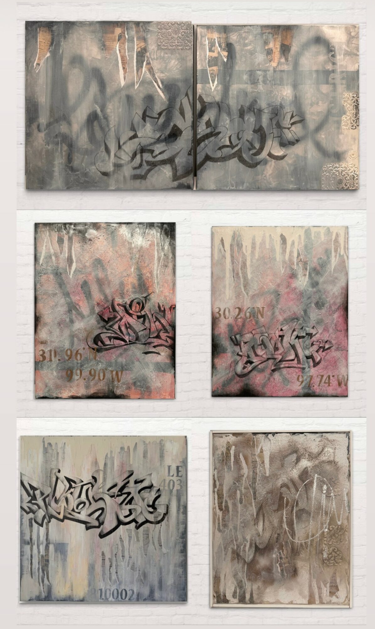 Six abstract graffiti-style paintings on canvas, arranged in two rows of three, with various colors and textures.