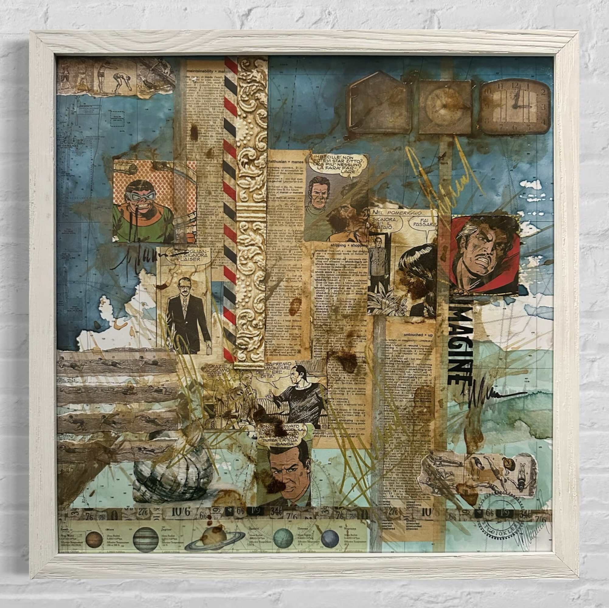 Collage with vintage photos, newspaper clippings, and illustrations in a white frame.