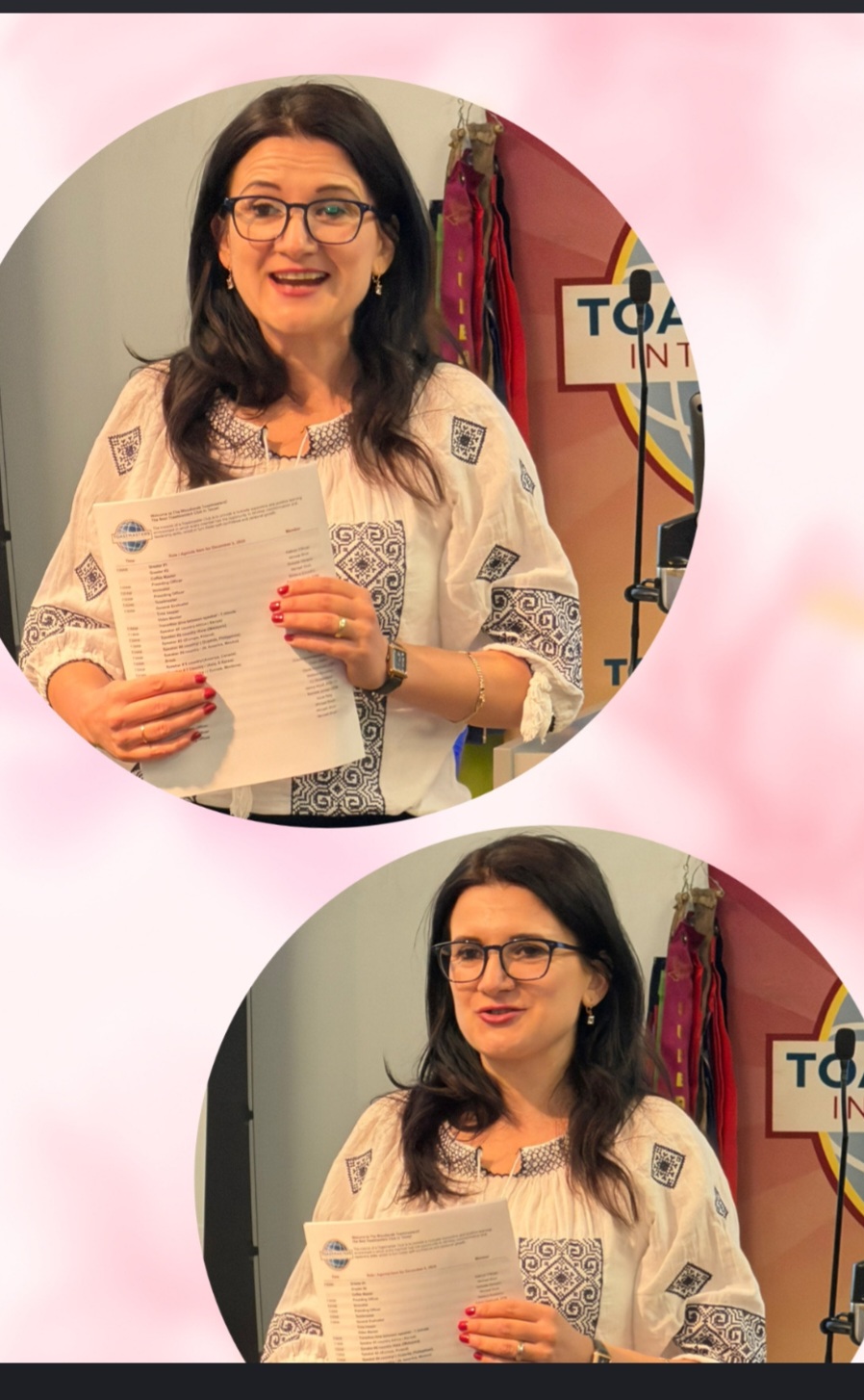 Woman with glasses holding papers, smiling, in front of a colorful background, circular crop, pink background.