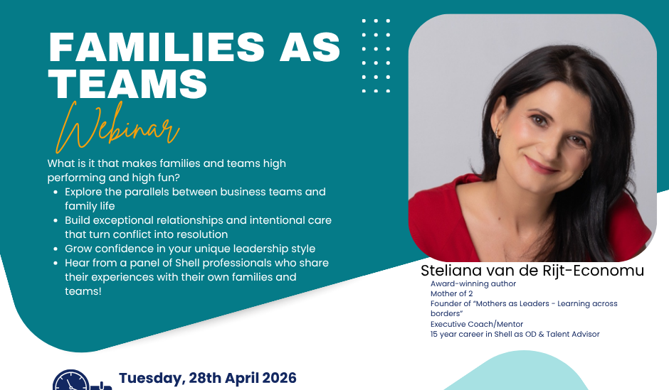 A woman with dark hair smiling, with a light blue background and text about families as teams webinar, date, and speaker details.