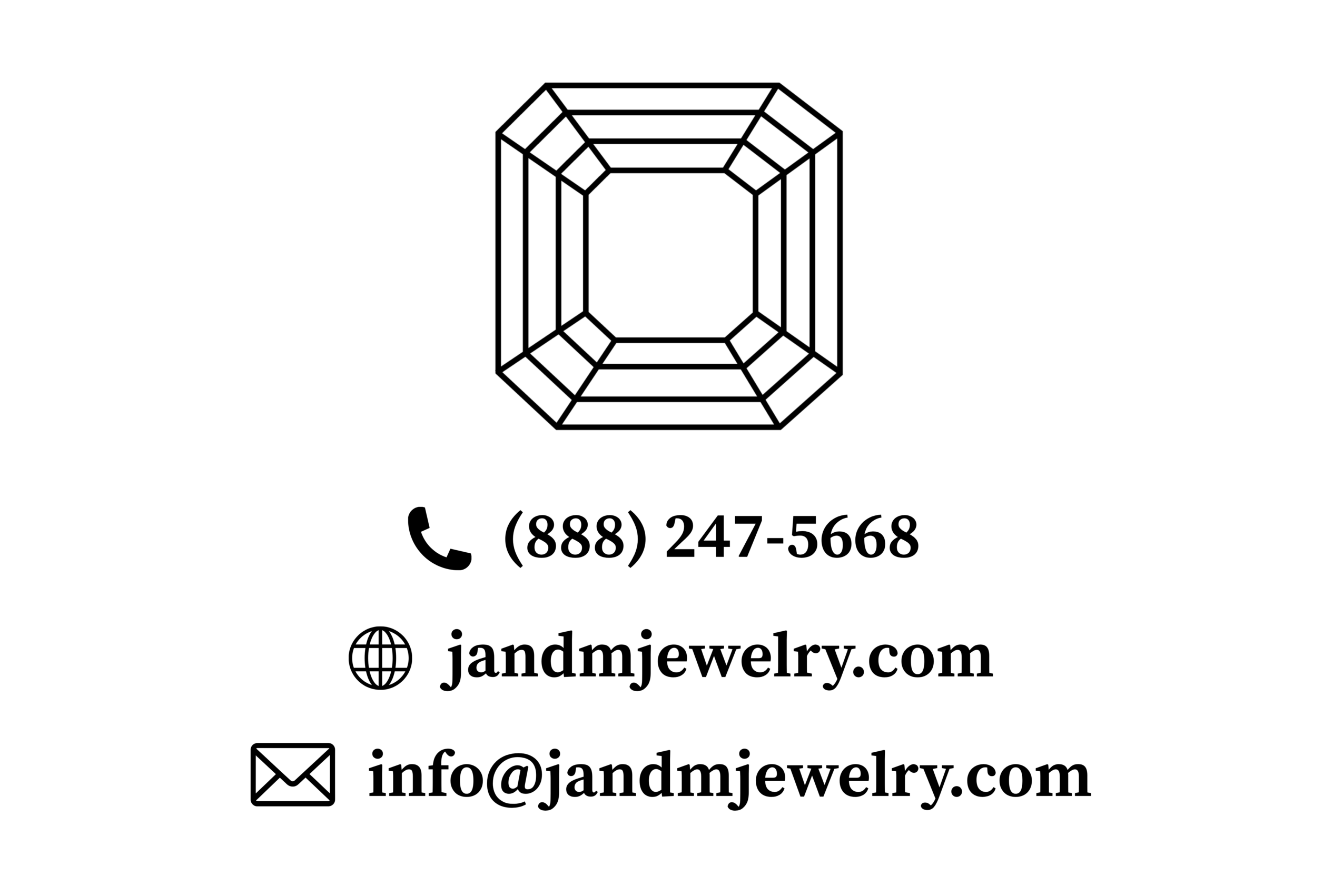 Jewelry store contact info with phone, website, and email icons and text.