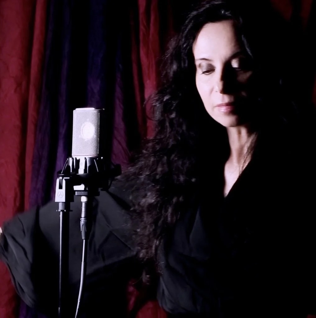 Woman with long dark hair in front of a microphone, dark background with red and purple curtains