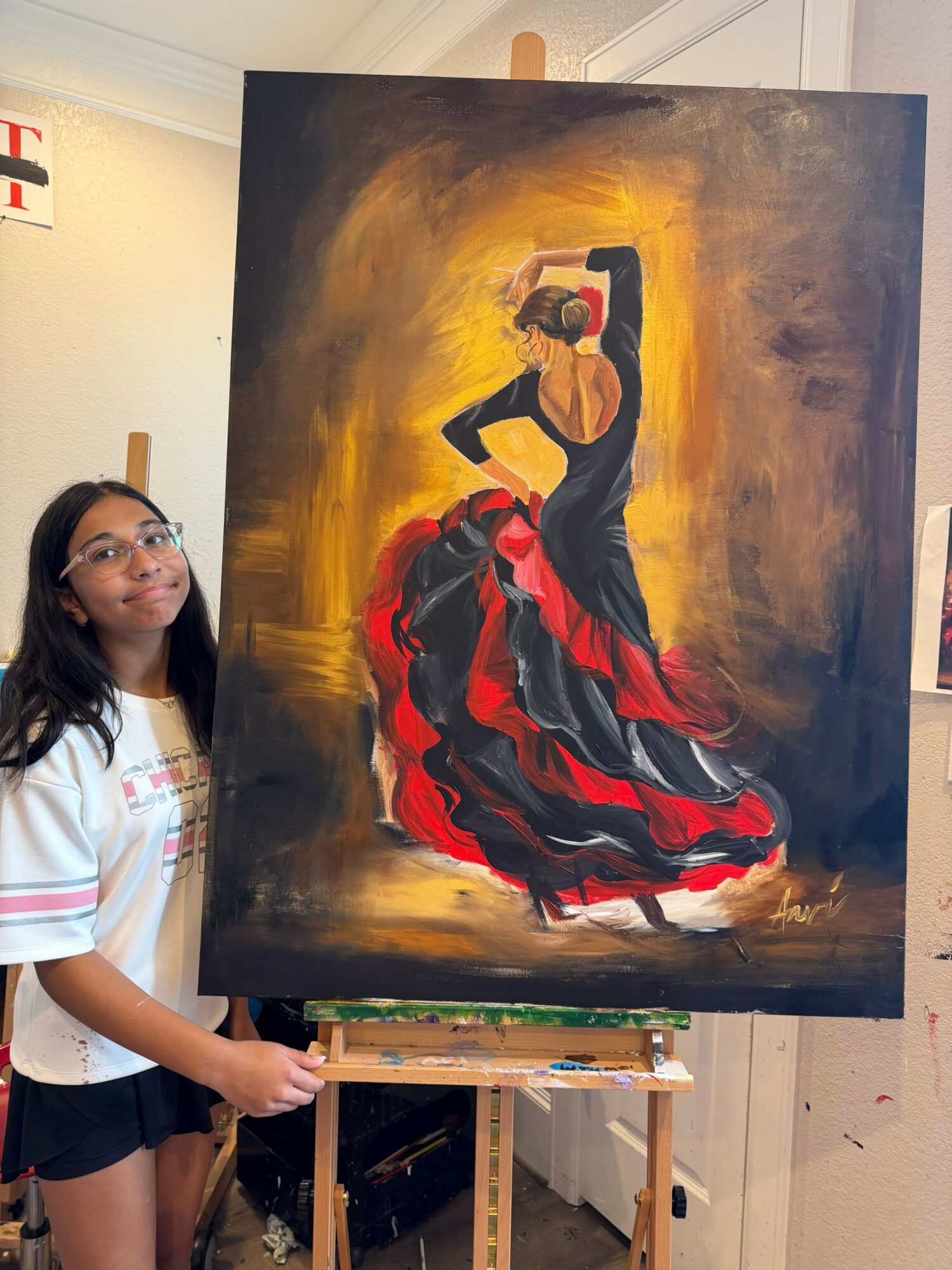 Painting of a woman in a red and black dress, standing with a dark background and a glowing yellow light behind her.
