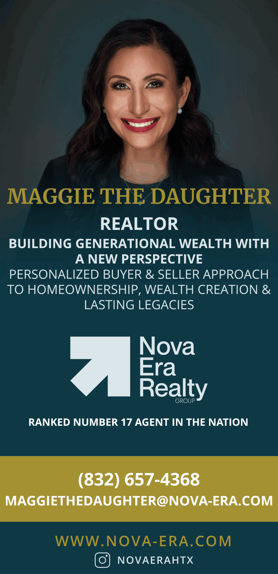 Smiling woman with dark hair and red lipstick, promotional real estate poster with text about Maggie the Daughter, Nova Era Realty, and contact info.