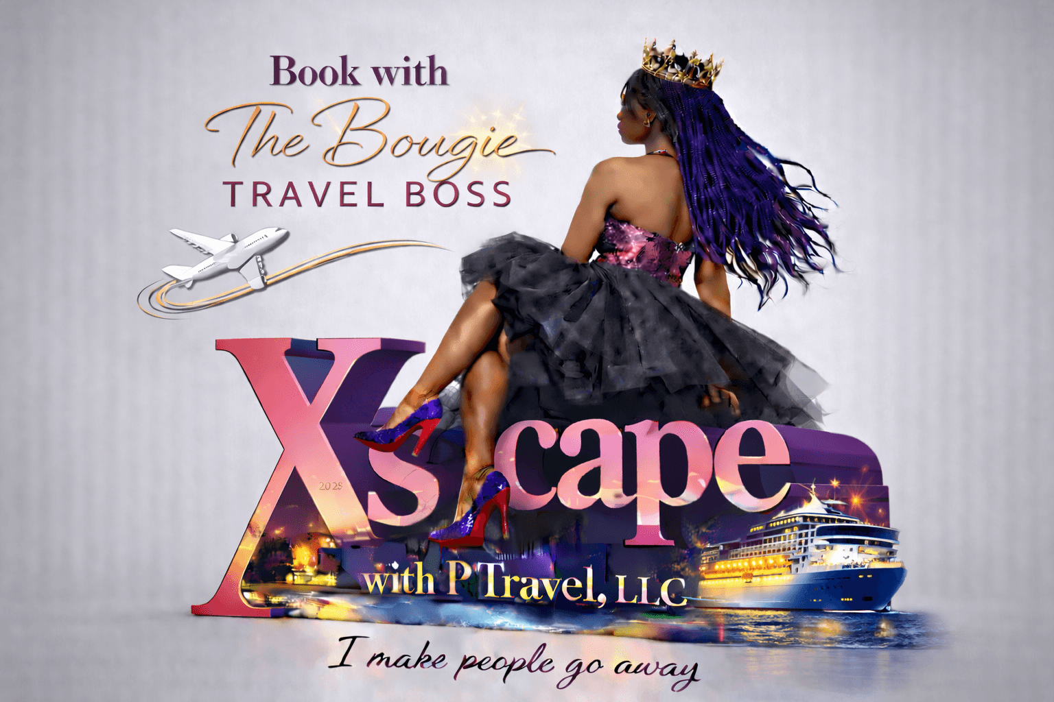 Woman with purple hair wearing a crown and black dress sitting on large colorful text, with a cruise ship and cityscape in background.