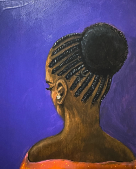 Portrait of a woman with braided hair in a bun, wearing earrings, against a purple background.