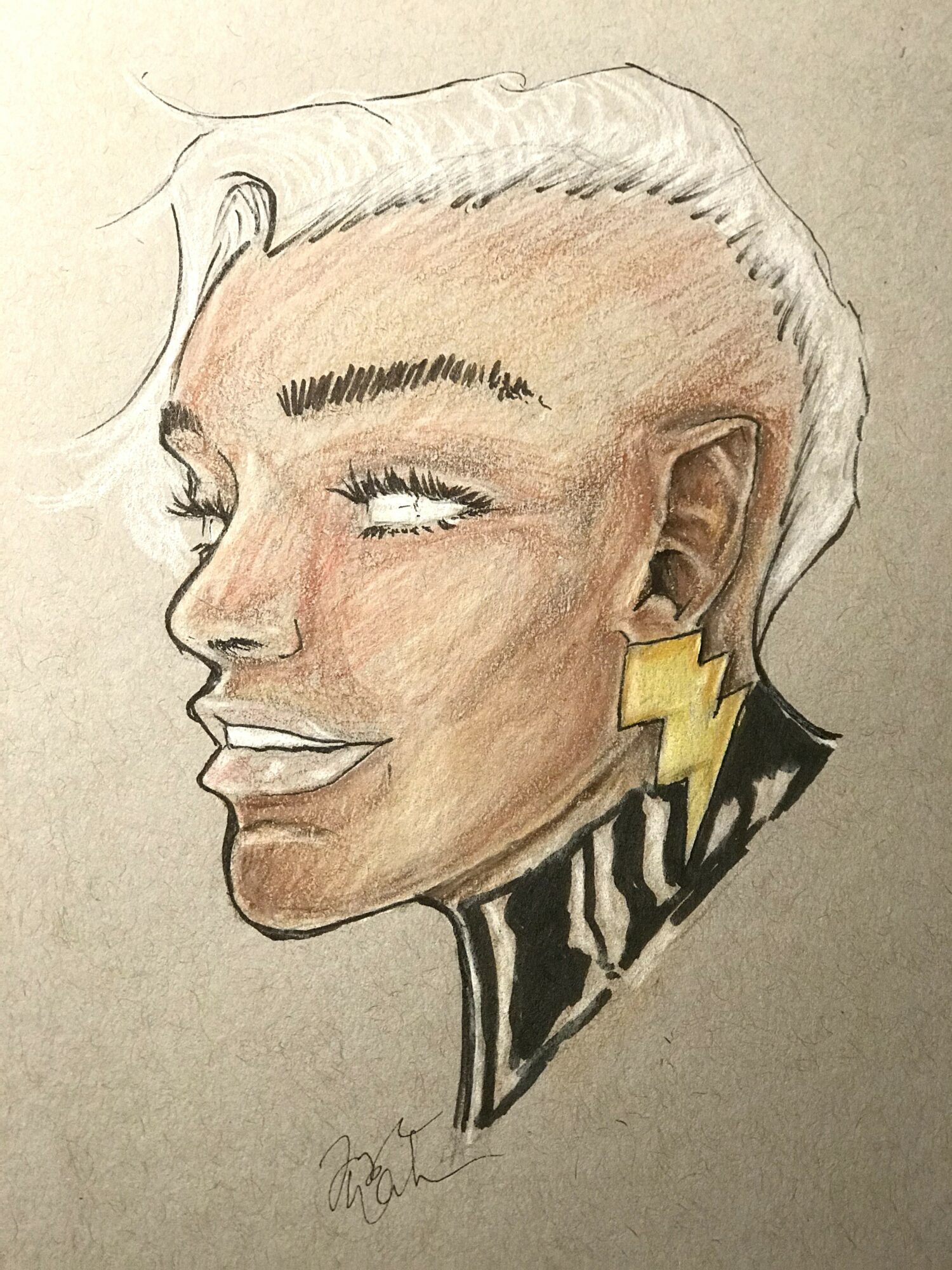 Portrait of a person with short, white hair, large lightning bolt earring, and striped clothing, smiling with eyes closed.