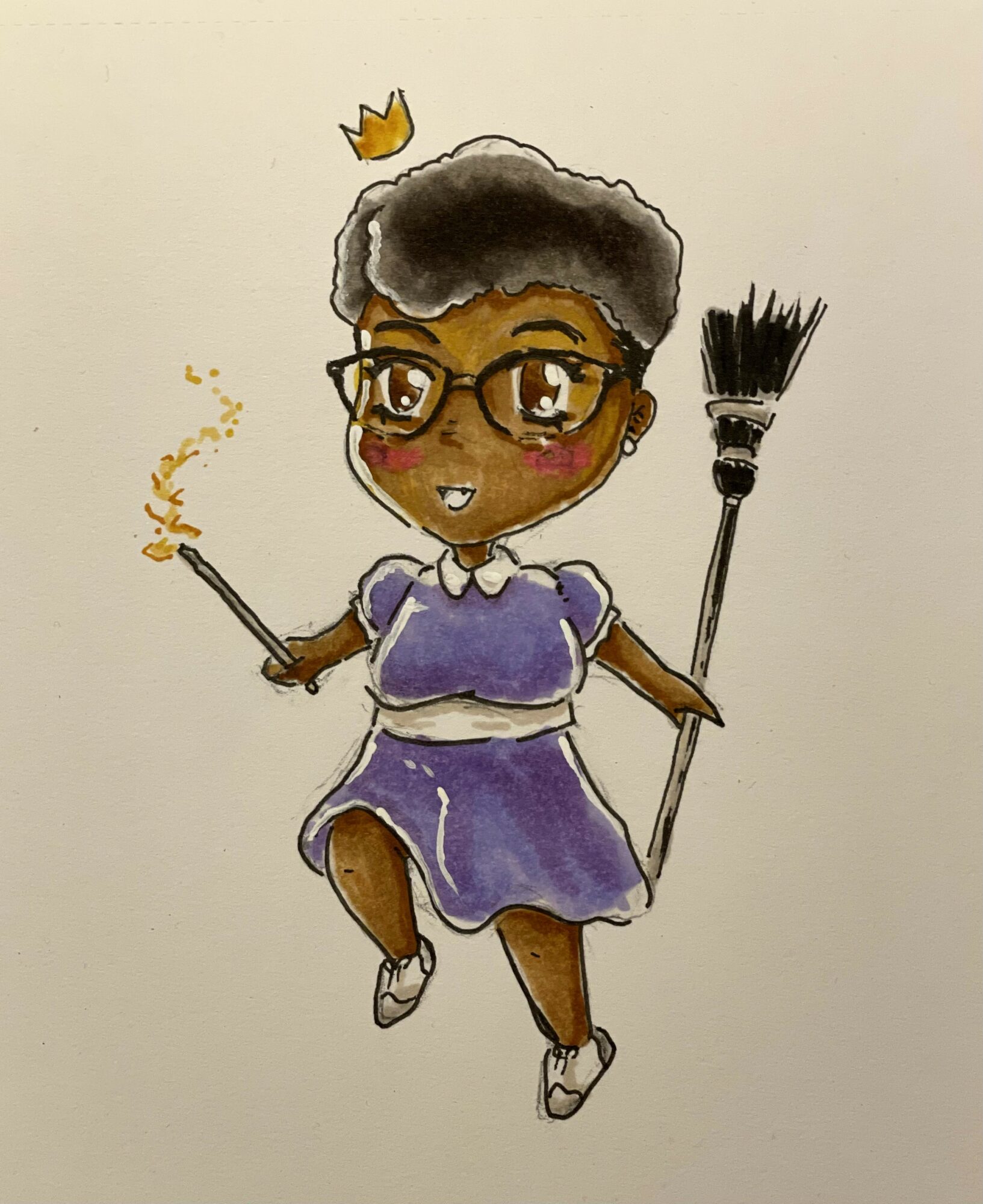 Cartoon character of a girl with glasses, short curly hair, wearing a purple dress, holding a broom and a lit cigarette, with a small crown above her head.