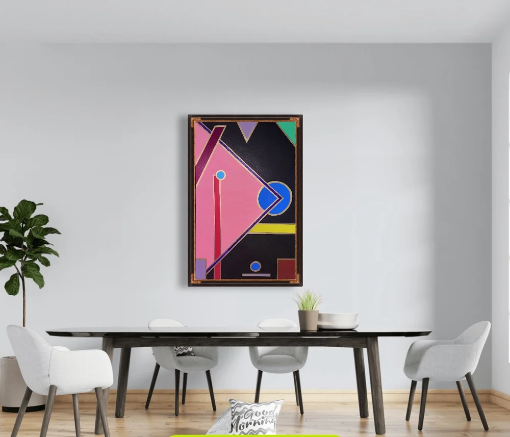 A colorful abstract painting hangs on a white wall above a dining table with four white chairs, a plant on the left, and a window on the right.