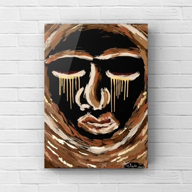 Abstract portrait of a face with closed eyes, painted in black, brown, and beige tones, with dripping paint effects.