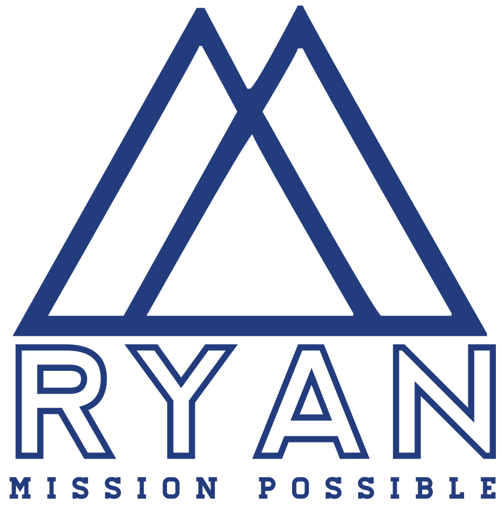 Logo with stylized mountain peaks and the text 'RYAN' and 'MISSION POSSIBLE' below.
