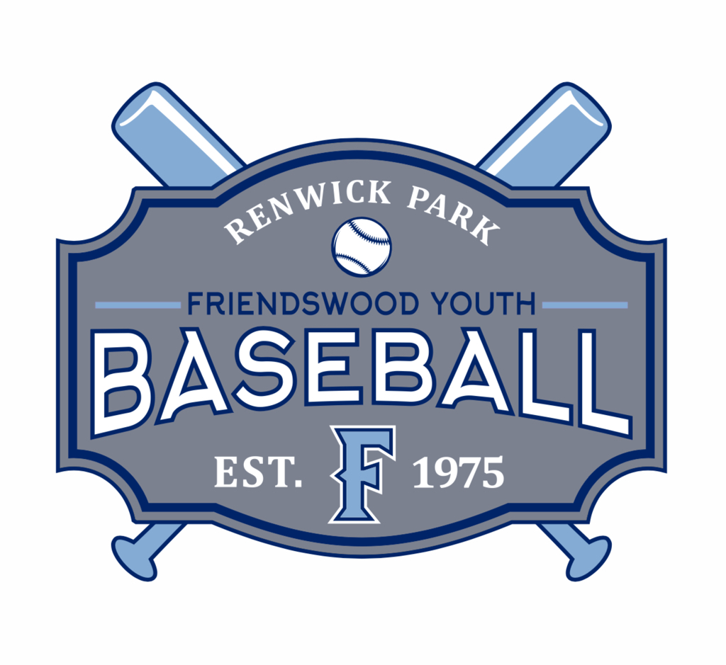 Logo for Renwick Park Friendswood Youth Baseball with two crossed bats, a baseball, and text, in blue and white.
