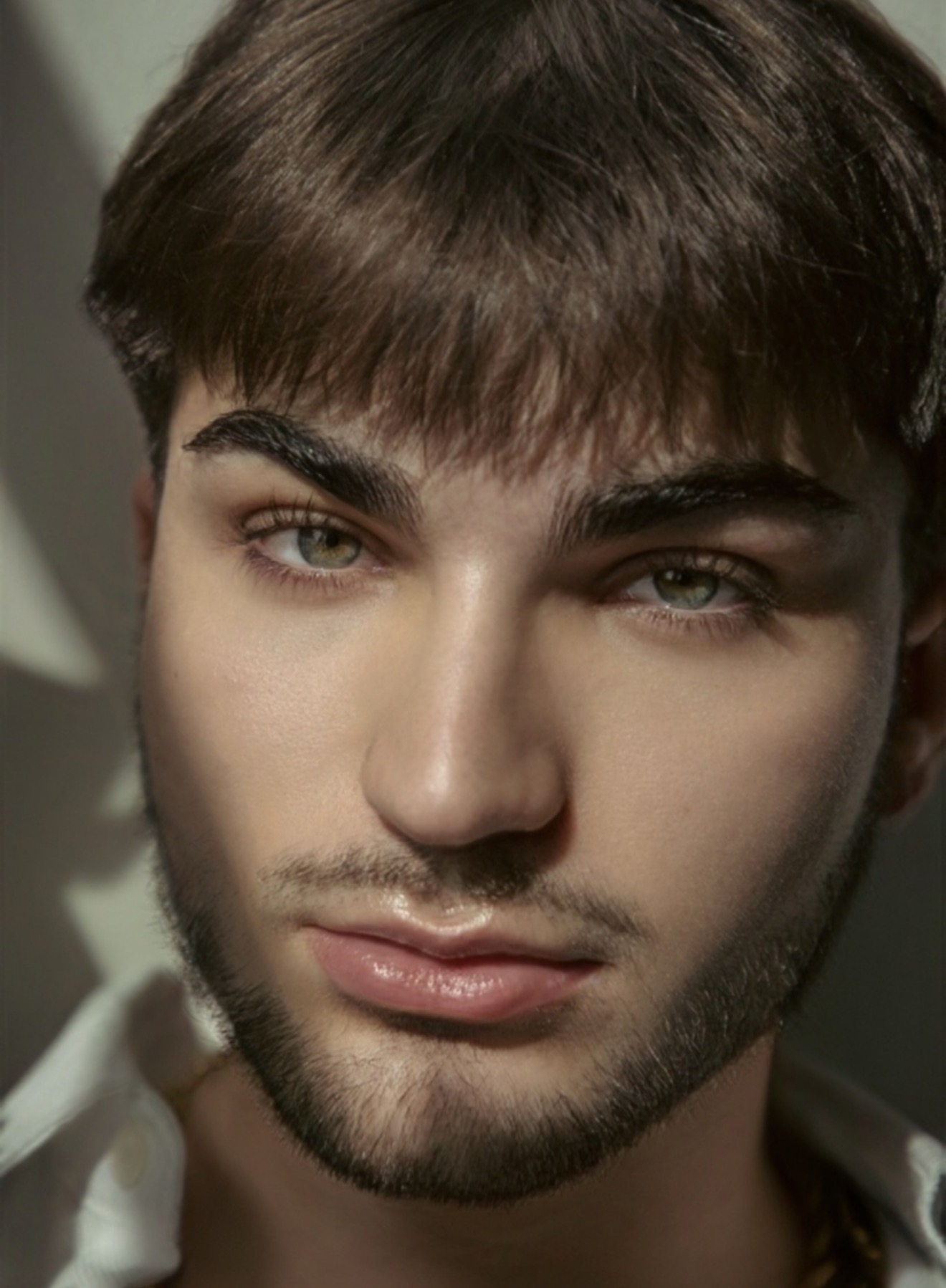 Close-up of a young man with dark hair, light eyes, and facial hair, looking directly at the camera.