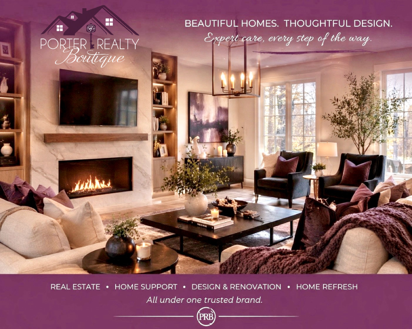 Living room with fireplace, TV, sofas, armchairs, and large windows, decorated with plants and artwork.